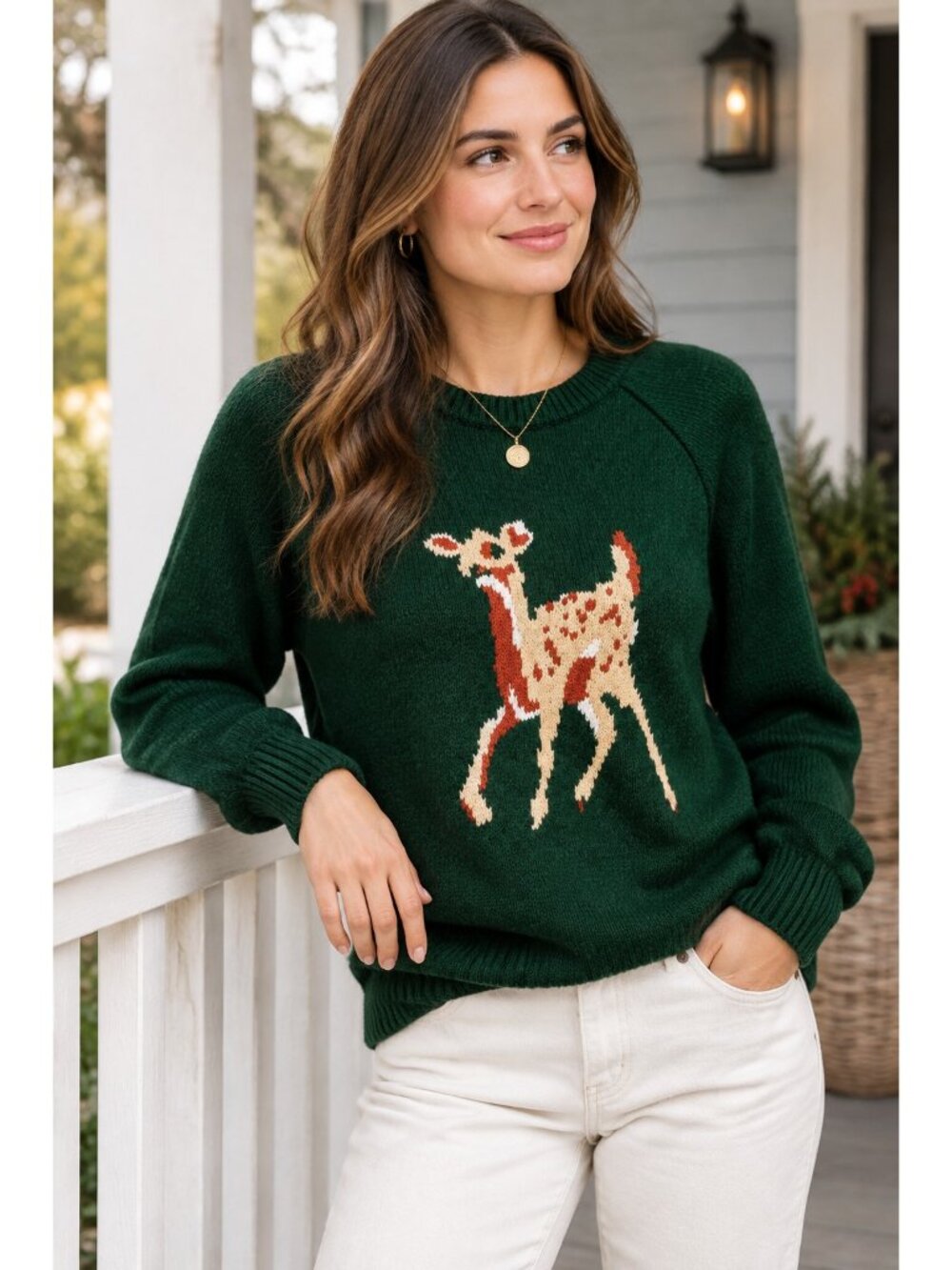 Spotted Fawn Deer Crew Neck Knit Sweater Country Western Rustic Doe Pullover